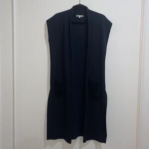 JOAN VASS Black Long Duster Open Cardigan Vest Sz M Layering Sweater Fall Winter